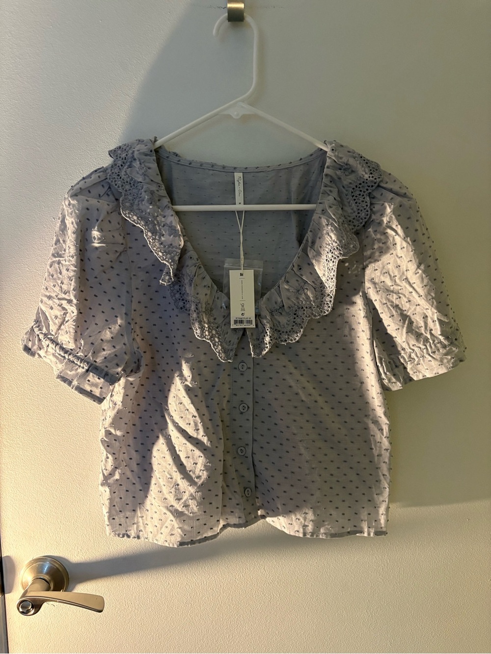 Rylee + Cru Light Blue Button-Down Blouse with Ruffled Eyelet Collar